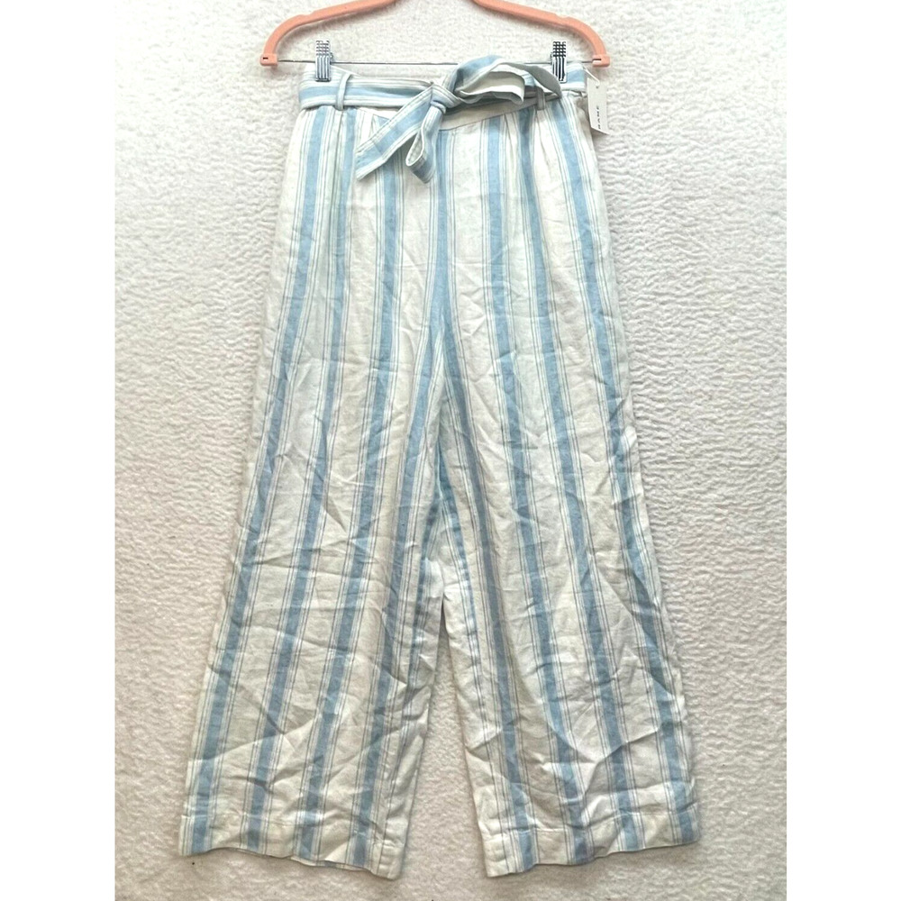 Frame Pants Womens 4 Blue White Clean Stripe Linen Wide Leg Pull On Knit Casual